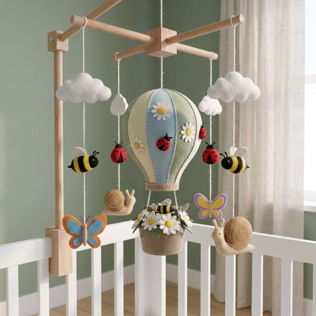 Handmade Felt Garden Hot Air Balloon Baby Mobile – Bee, Ladybug & Butterfly Nursery Decor