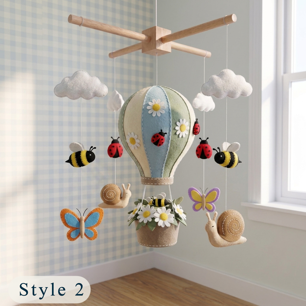 Handmade Felt Garden Hot Air Balloon Baby Mobile – Bee, Ladybug & Butterfly Nursery Decor