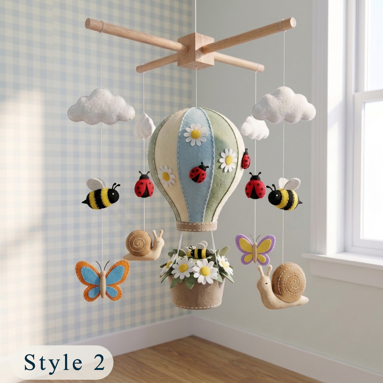Handmade Felt Garden Hot Air Balloon Baby Mobile – Bee, Ladybug & Butterfly Nursery Decor