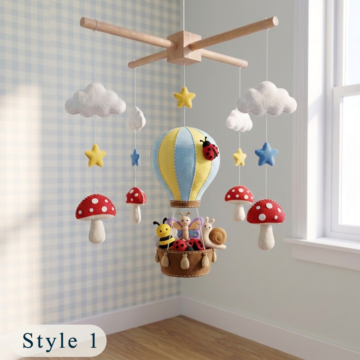 Handmade Felt Garden Hot Air Balloon Baby Mobile – Bee, Ladybug & Butterfly Nursery Decor