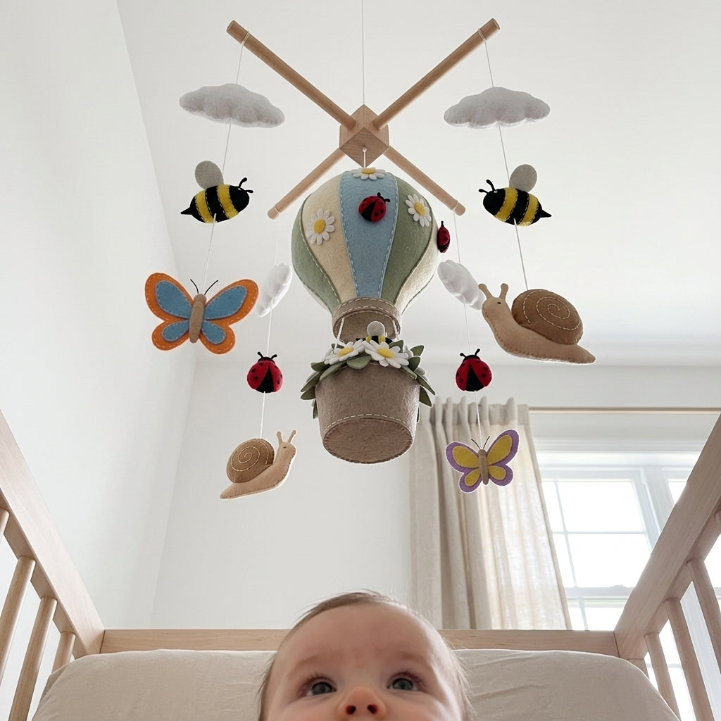 Handmade Felt Garden Hot Air Balloon Baby Mobile – Bee, Ladybug & Butterfly Nursery Decor