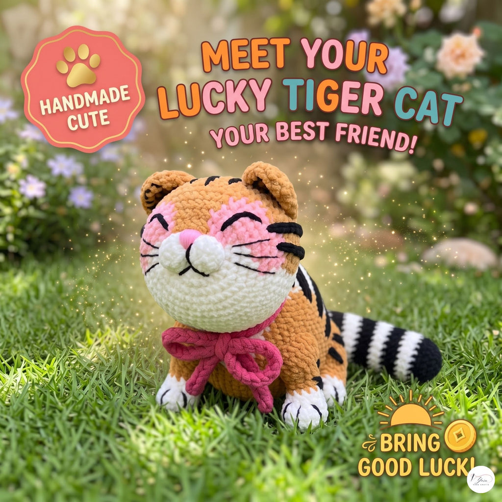 A crocheted tiger cat toy sits on green grass in a garden setting, with colorful text overlays reading 'MEET YOUR LUCKY TIGER CAT' and 'YOUR BEST FRIEND!' plus a badge that says 'HANDMADE CUTE'.