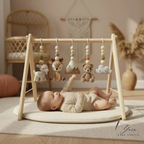 Handmade Custom Baby Gym, Wooden Montessori Play Gym with Crochet Forest Animals, Neutral Nursery Decor, Baby Shower Gift