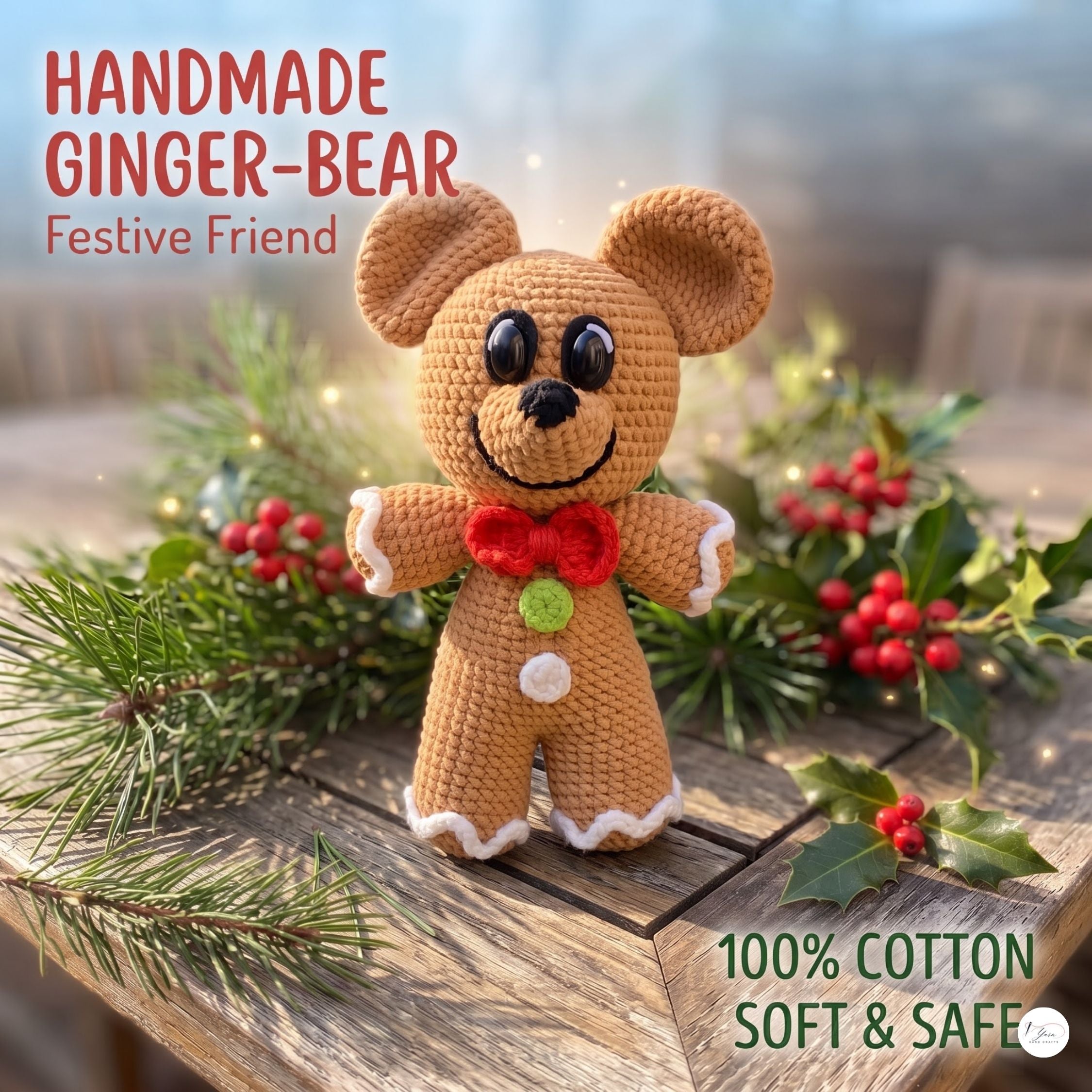 A handmade crocheted ginger bear toy stands on a rustic wooden surface surrounded by pine branches, holly leaves, and red berries. Text in the upper left reads “HANDMADE GINGER-BEAR Festive Friend,” and text in the lower right reads “100% COTTON SOFT & SAFE.