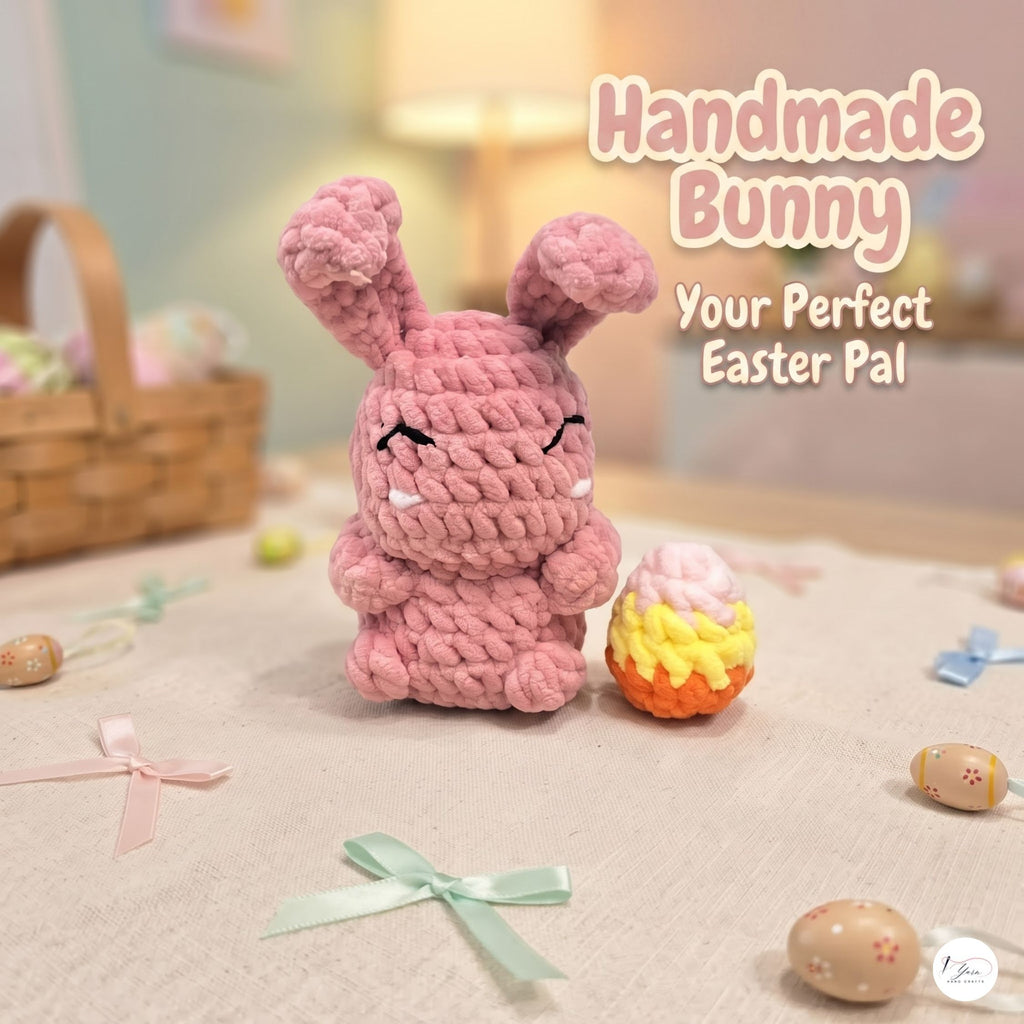 Crochet Easter Bunny Plush with Egg, Handmade Pink Amigurumi Rabbit, Soft Chenille Stuffed Animal, Easter Basket Gift