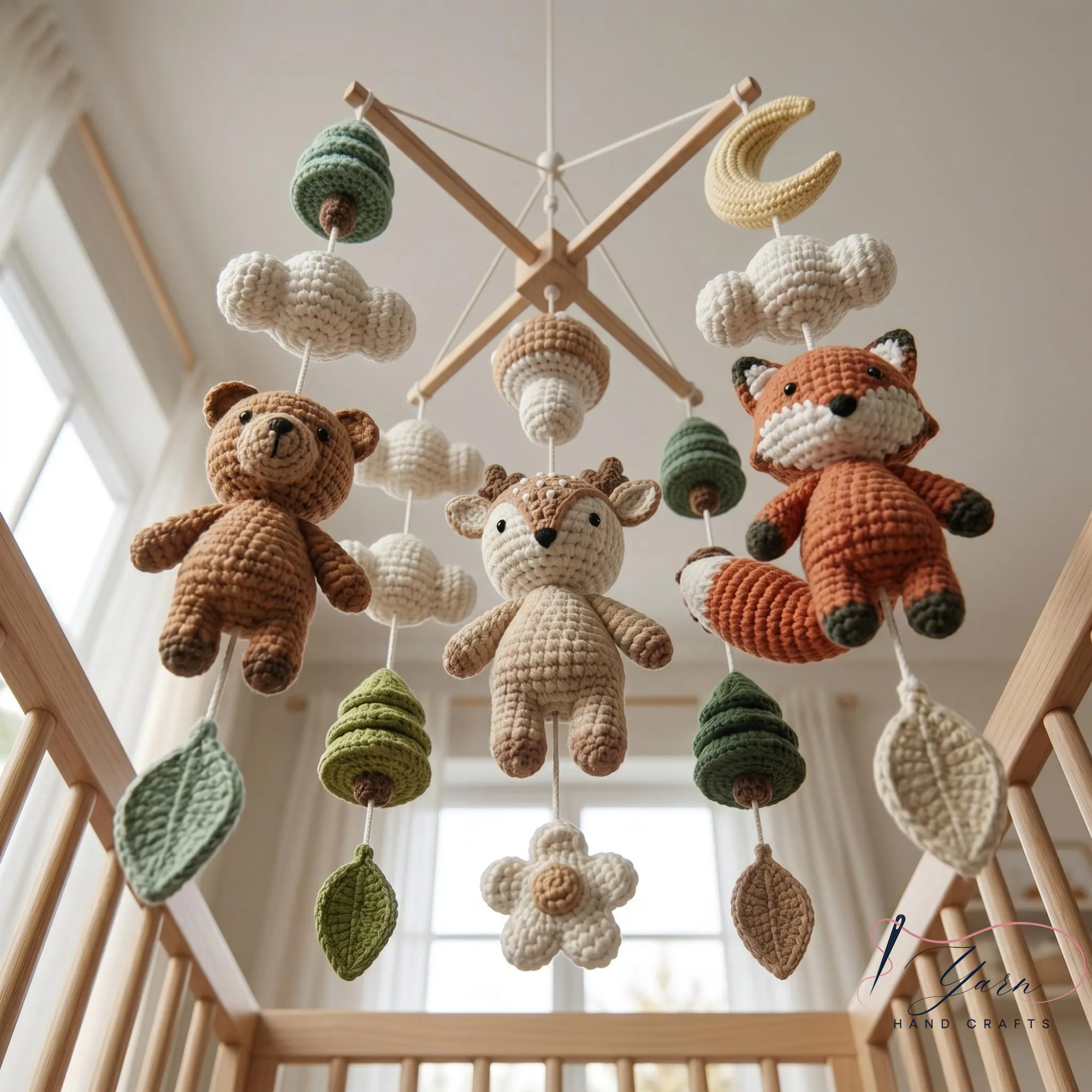 Handmade Woodland Baby Mobile, Crochet Crib Mobile with Bear, Deer & Fox, Forest Animal Nursery Decor, Neutral Baby Mobile, Baby Shower Gift