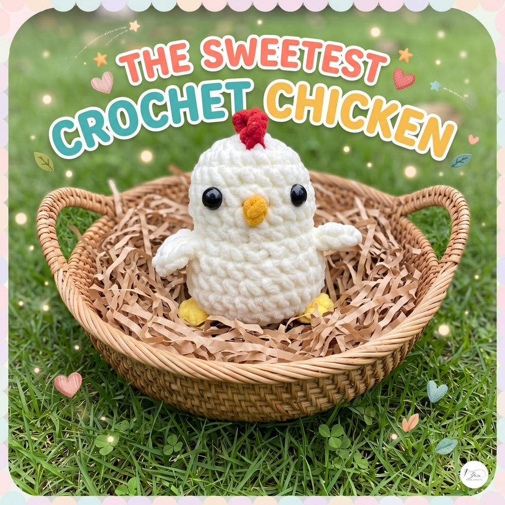 A crocheted white chicken toy sits in a woven wicker basket filled with shredded paper on green grass. Large decorative text at the top reads “THE SWEETEST CROCHET CHICKEN.