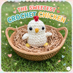 A crocheted white chicken toy sits in a woven wicker basket filled with shredded paper on green grass. Large decorative text at the top reads “THE SWEETEST CROCHET CHICKEN.