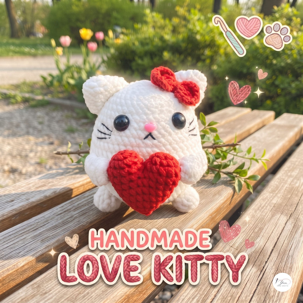 A handmade white crochet amigurumi cat holding a red heart, styled on a wooden bench with a blurred garden background. Text overlays read 'HANDMADE LOVE KITTY' with decorative pink hearts and paw prints.
