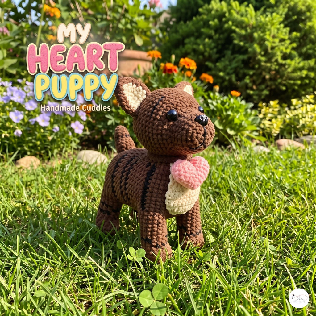 A crocheted puppy doll stands on green grass in a sunny garden, holding a pink heart. Large overlaid text reads 'MY HEART PUPPY Handmade Cuddles.