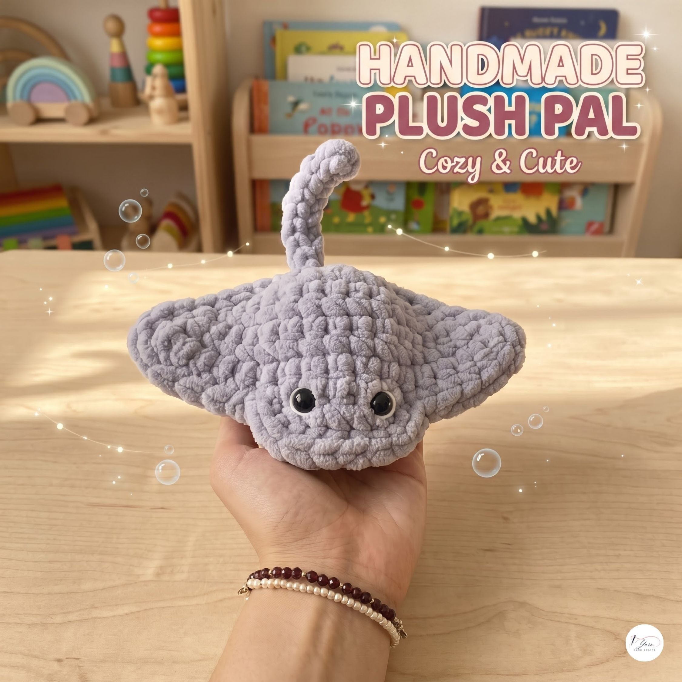 Crochet Stingray Plush, Handmade Gray Manta Ray Amigurumi, Soft Ocean Animal Stuffed Toy, Sea Life Gift, Nursery Decor