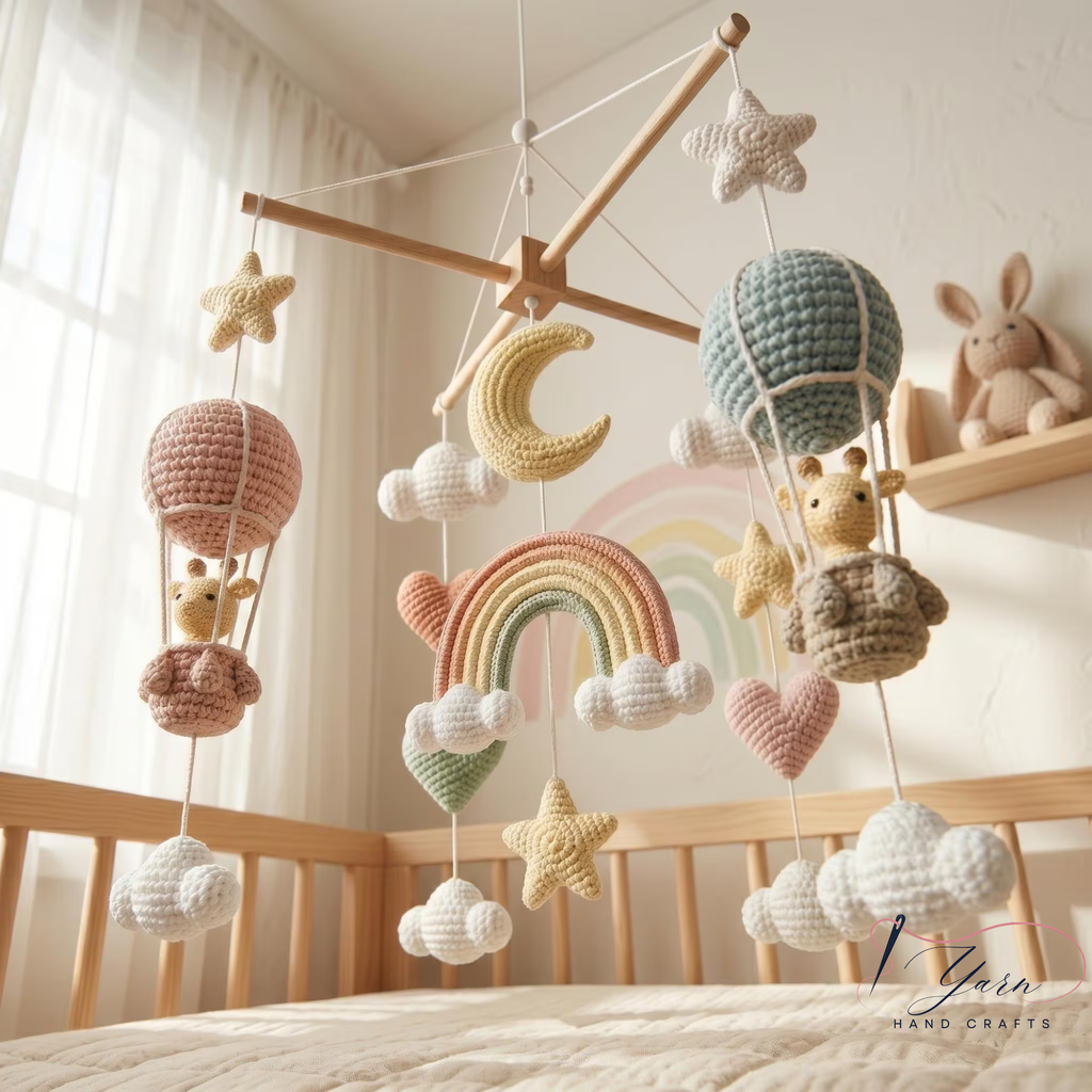 Handmade Giraffe Baby Mobile, Crochet Crib Mobile, Hot Air Balloon Nursery Decor, Rainbow Moon Cloud Mobile, Neutral Baby Shower Gift