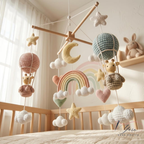 Handmade Giraffe Baby Mobile, Crochet Crib Mobile, Hot Air Balloon Nursery Decor, Rainbow Moon Cloud Mobile, Neutral Baby Shower Gift
