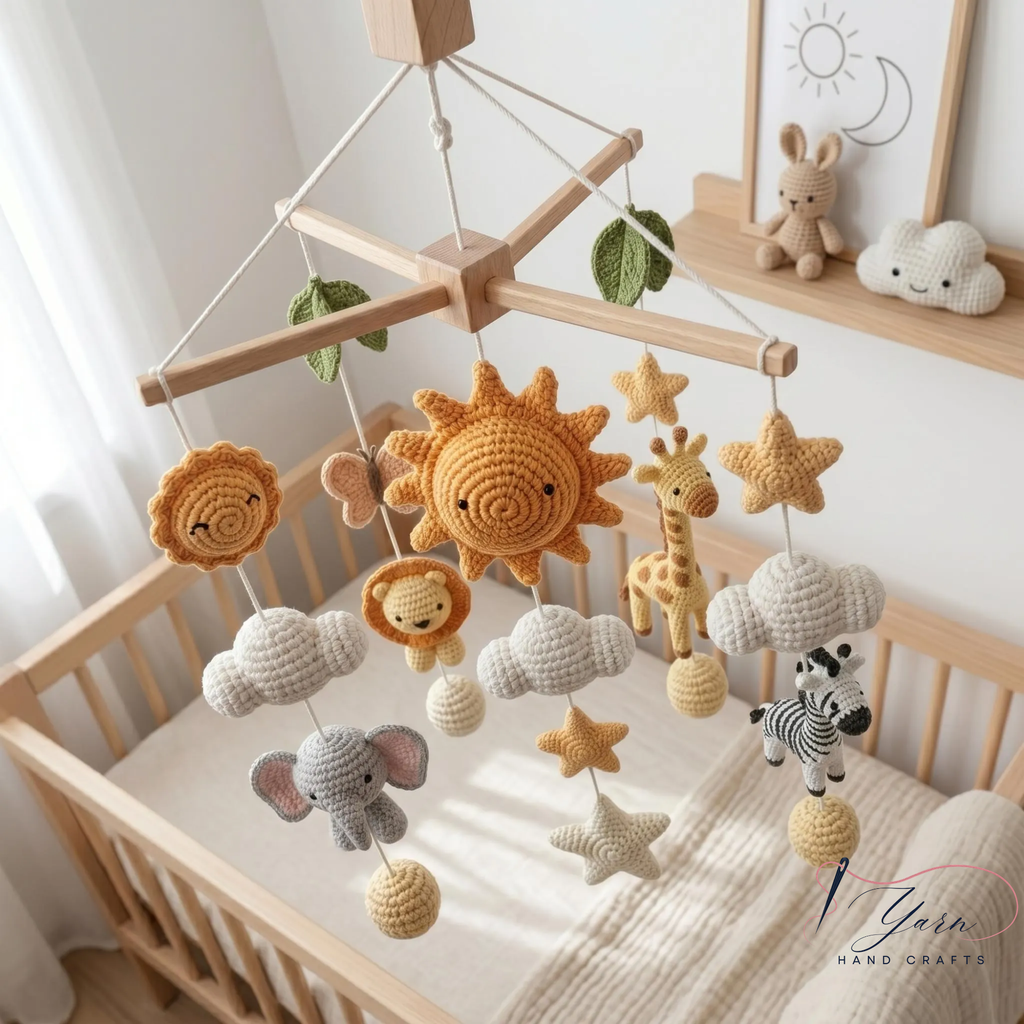 Handmade Safari Baby Mobile, Crochet Jungle Crib Mobile with Lion, Zebra, Giraffe & Elephant, Neutral Nursery Decor, Baby Shower Gift