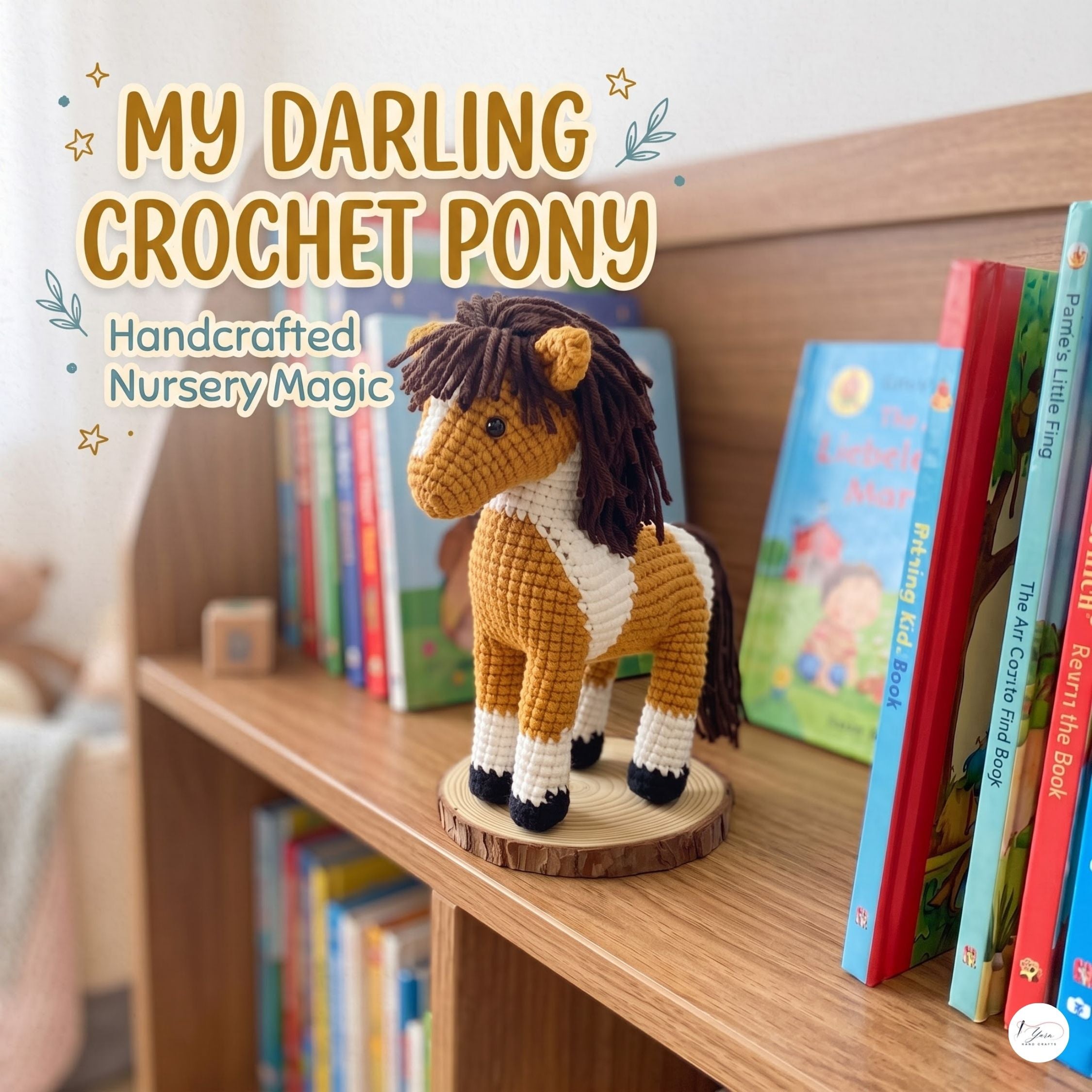 A crocheted pony toy sits on a wooden bookshelf in a nursery-like setting, with children's books around it and decorative text reading 'My Darling Crochet Pony' and 'Handcrafted Nursery Magic.' Because a real environment is visible, this is Lifestyle rather than Product/Packaging.