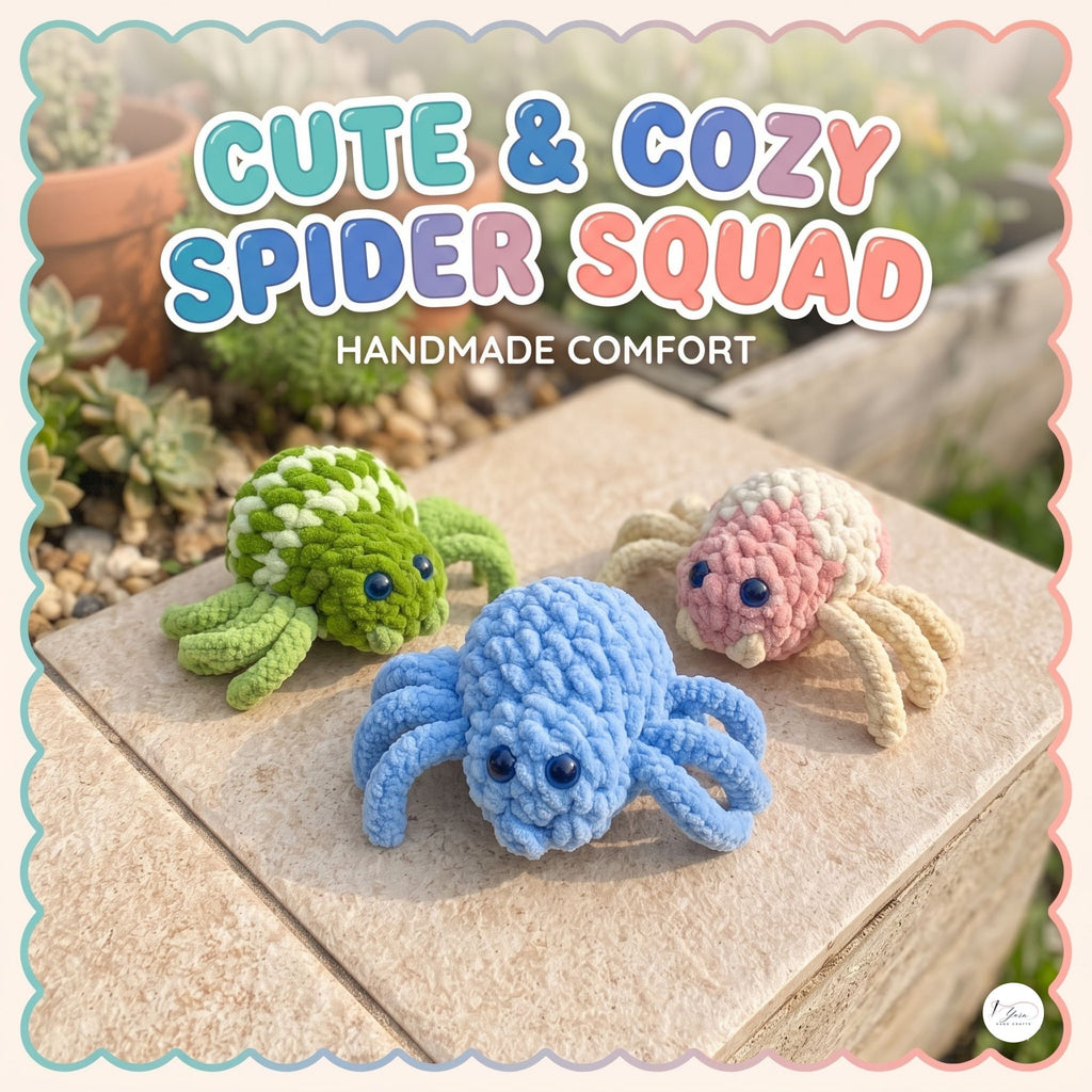 Three handmade crocheted spider toys in green, blue, and pink are arranged on a stone surface outdoors, with decorative text reading 'Cute & Cozy Spider Squad' and 'Handmade Comfort' overlaid at the top.