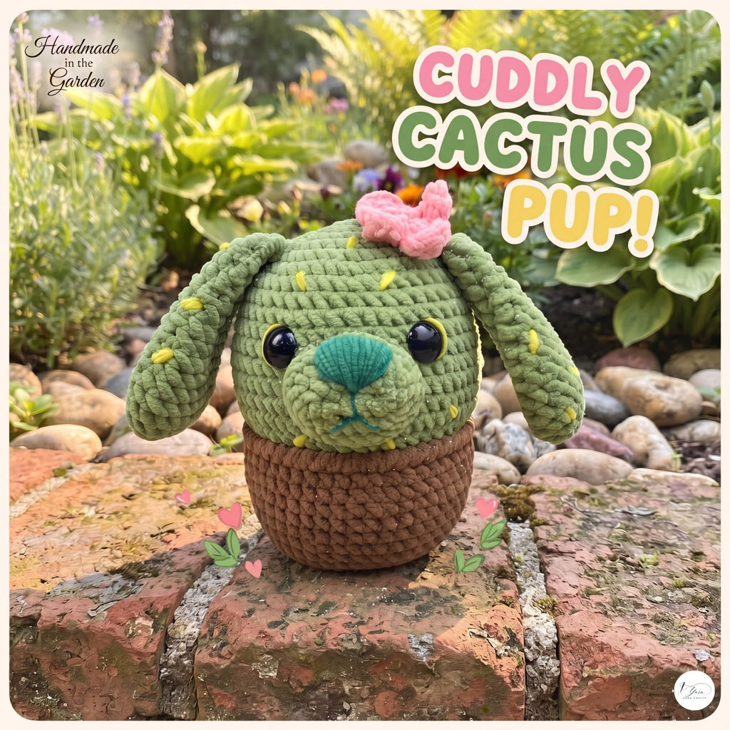 Crocheted cactus-shaped dog toy with long floppy ears, green yarn body, brown cactus base, black bead eyes, teal nose, and a pink bow, displayed outdoors on a brick surface with garden plants in the background. Text overlays read 'Handmade in the Garden' and 'CUDDLY CACTUS PUP!'.