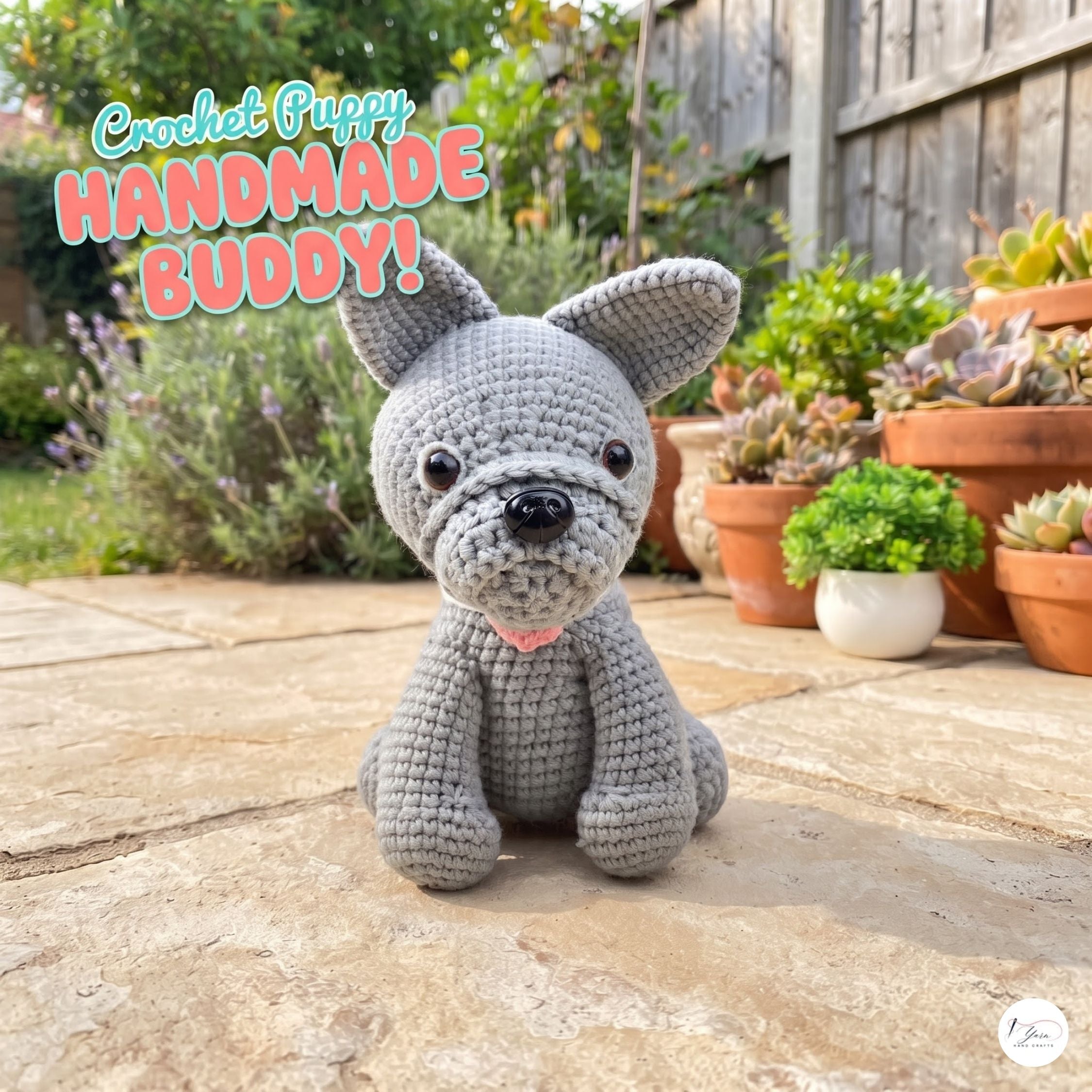 A gray crocheted dog toy sits on a stone patio in a garden setting with potted plants and a wooden fence in the background. Text in the upper left reads 'Crochet Puppy HANDMADE BUDDY!' and a small logo appears in the lower right corner.