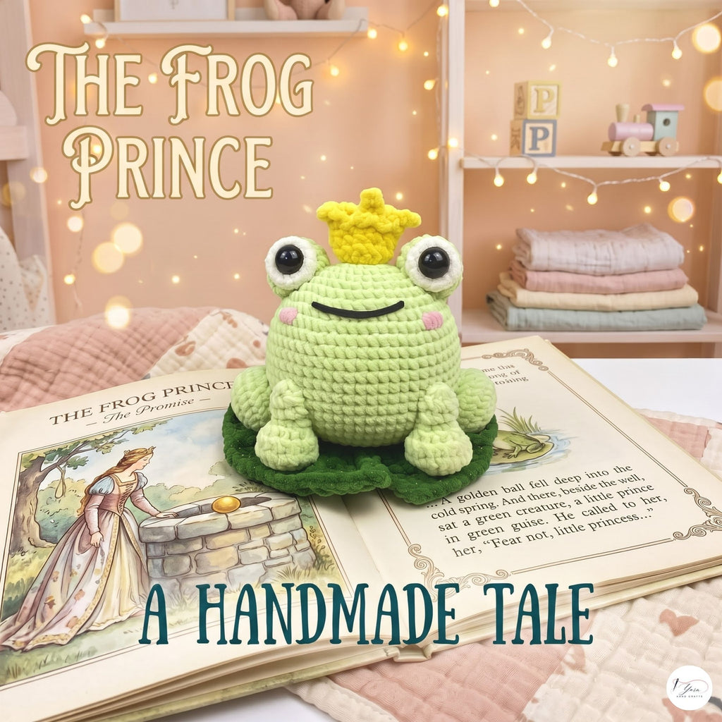 Handmade Crochet Frog Prince Plush, Green Amigurumi Frog with Crown, Soft Stuffed Animal, Frog Lover Gift, Fairytale Nursery Decor