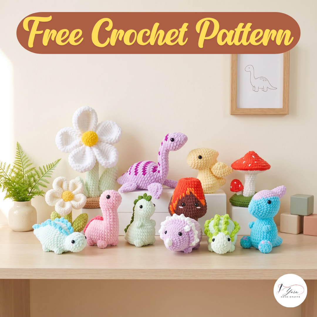 Cute Dinosaur Crochet Pattern Bundle PDF, Dino Amigurumi Plush Collection, Prehistoric Animals, Volcano and Mushroom Crochet Patterns