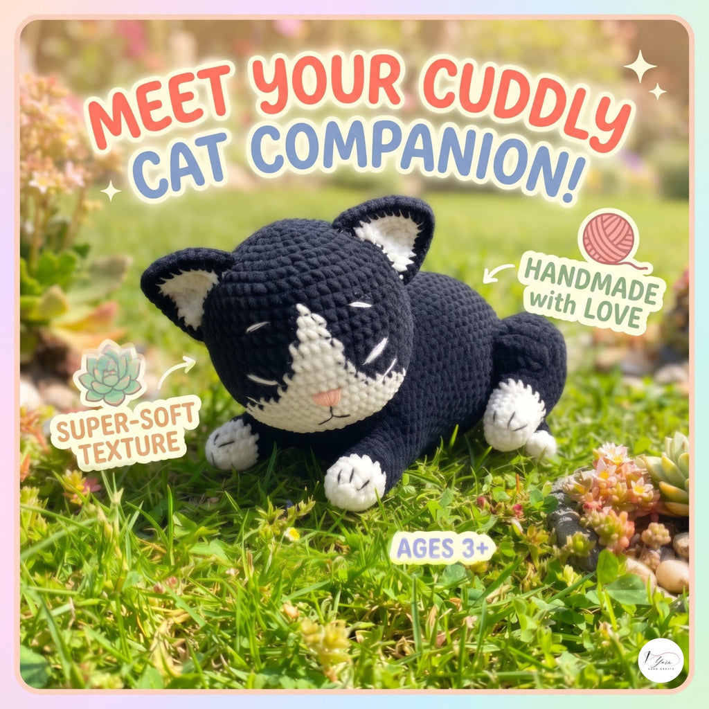 A crocheted black-and-white cat toy lying on grass outdoors, with large promotional text reading 'Meet your cuddly cat companion!' and callout badges noting soft texture, handmade with love, and ages 3+. A small logo appears in the bottom-right corner.