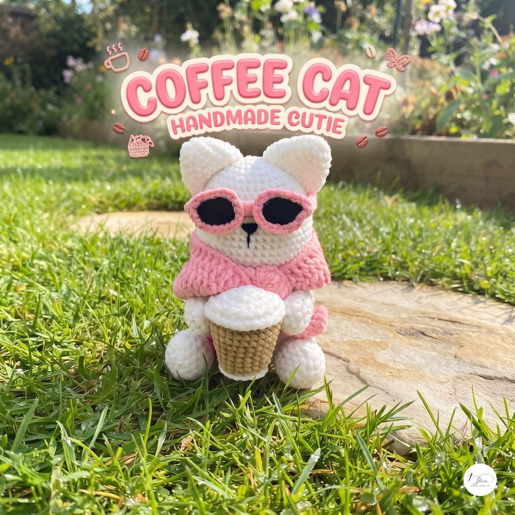 A cute handmade white crochet cat plush dressed in a pink sweater and dark pink-framed sunglasses, holding a crocheted takeaway coffee cup while sitting on green grass, with text reading Coffee Cat Handmade Cutie.