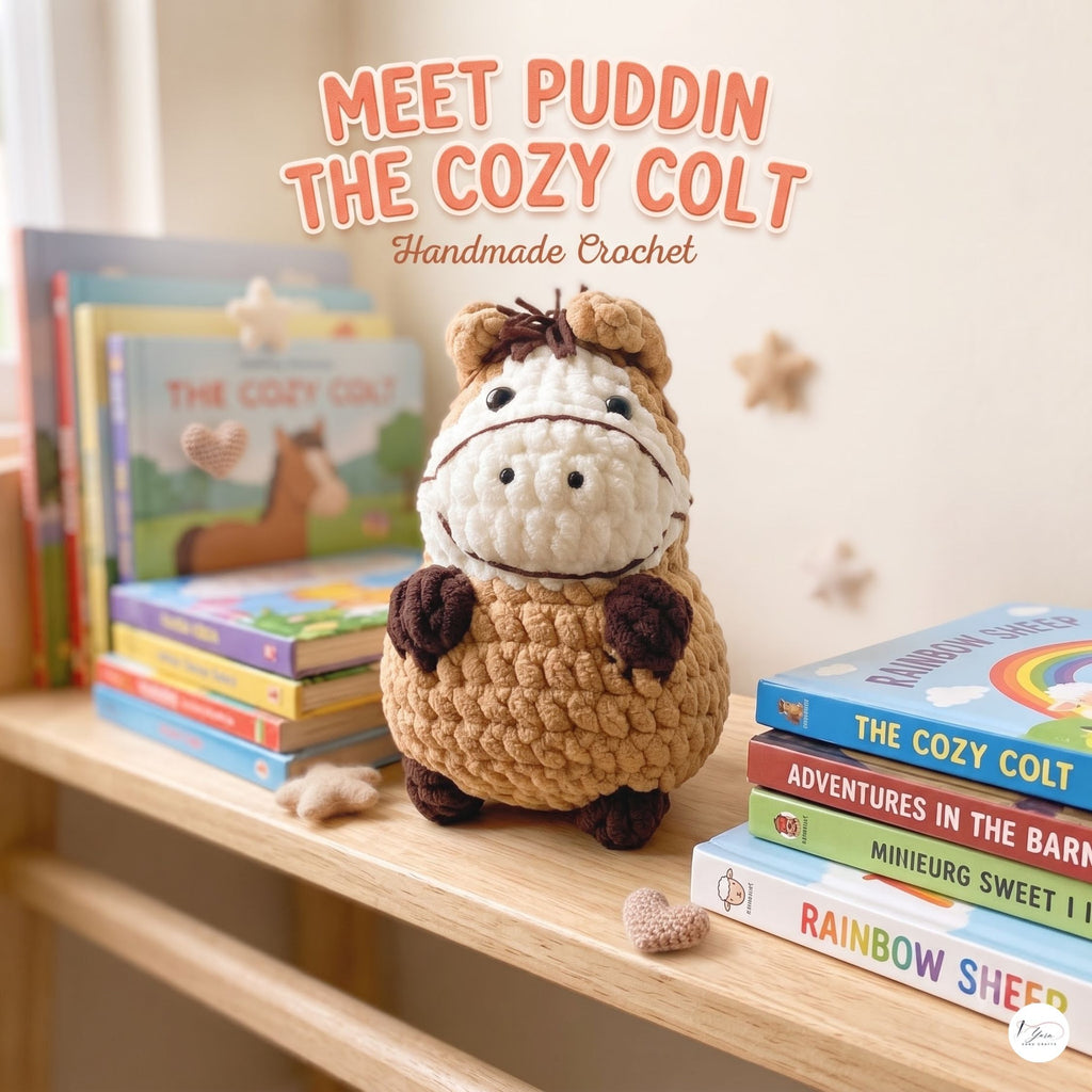 A handmade crocheted plush toy named Puddin the Cozy Colt sits on a wooden shelf next to books. The text overlay at the top reads 'MEET PUDDIN THE COZY COLT Handmade Crochet'.