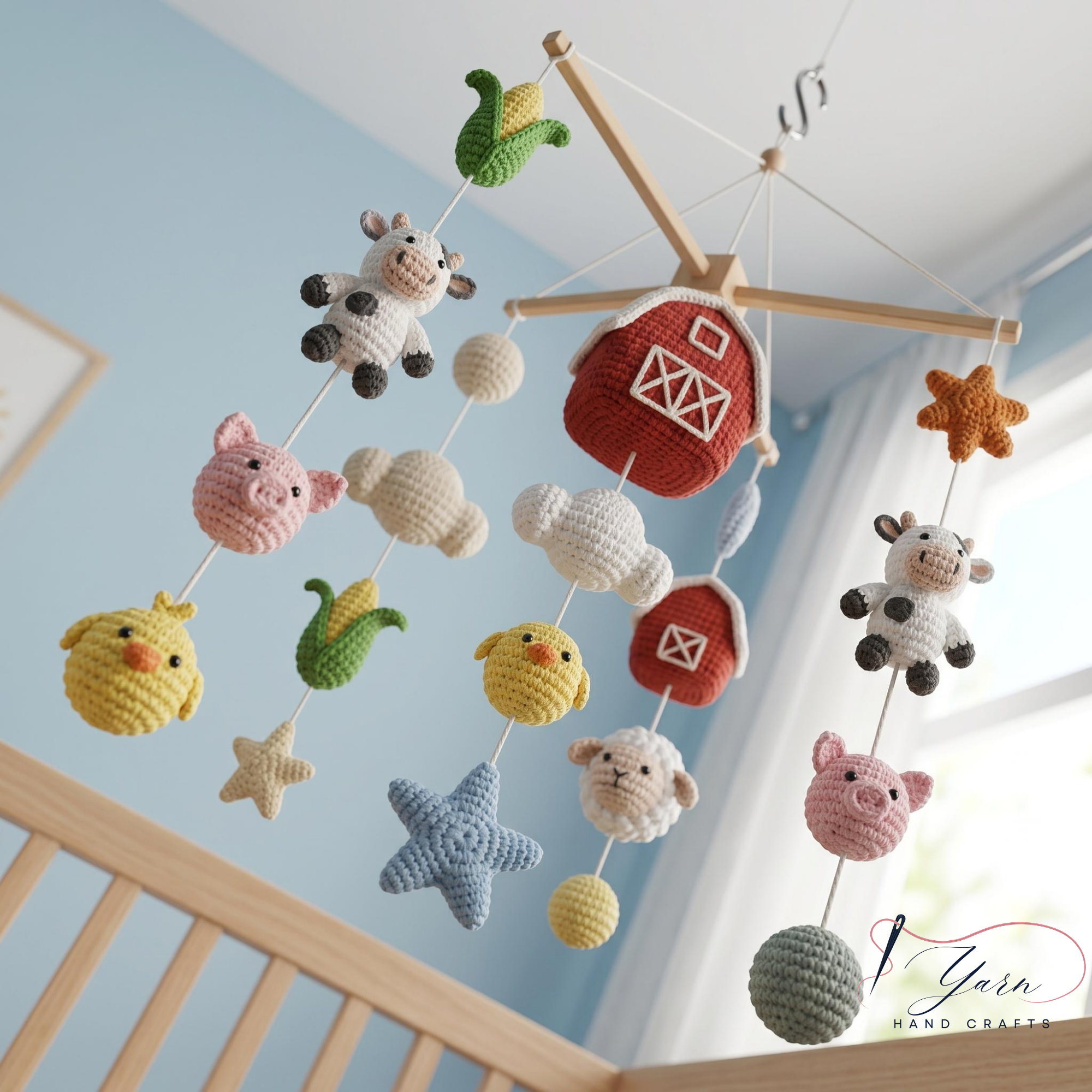 Handmade Farm Baby Mobile, Crochet Farm Animal Crib Mobile, Cow Pig Tractor Barn Nursery Decor, Farmhouse Baby Room Gift, Custom Baby Mobile