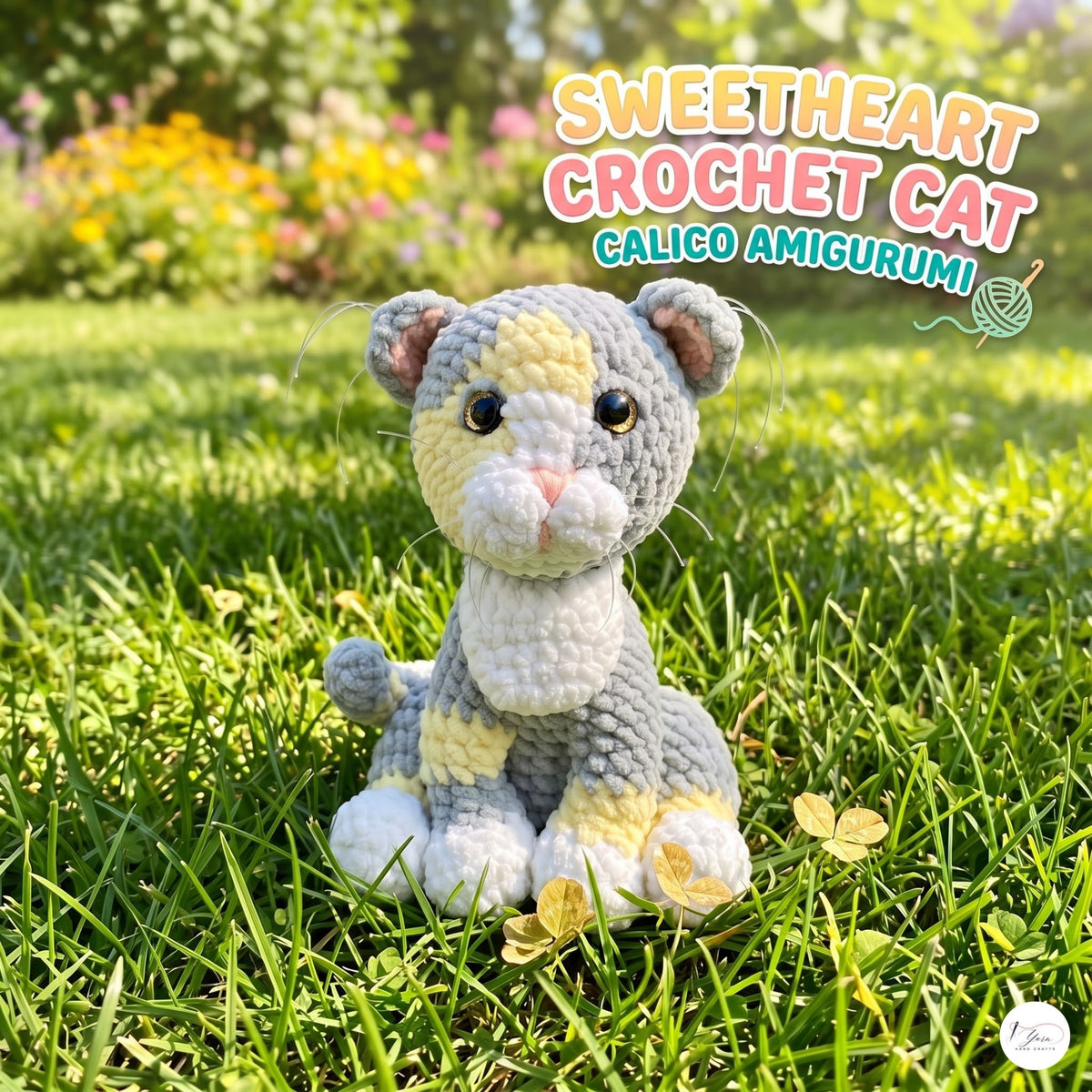 A crocheted cat toy sits on green grass outdoors, with blurred flowers and trees in the background. Text in the upper right reads 'SWEETHEART CROCHET CAT GALICO AMIGURUM!'.