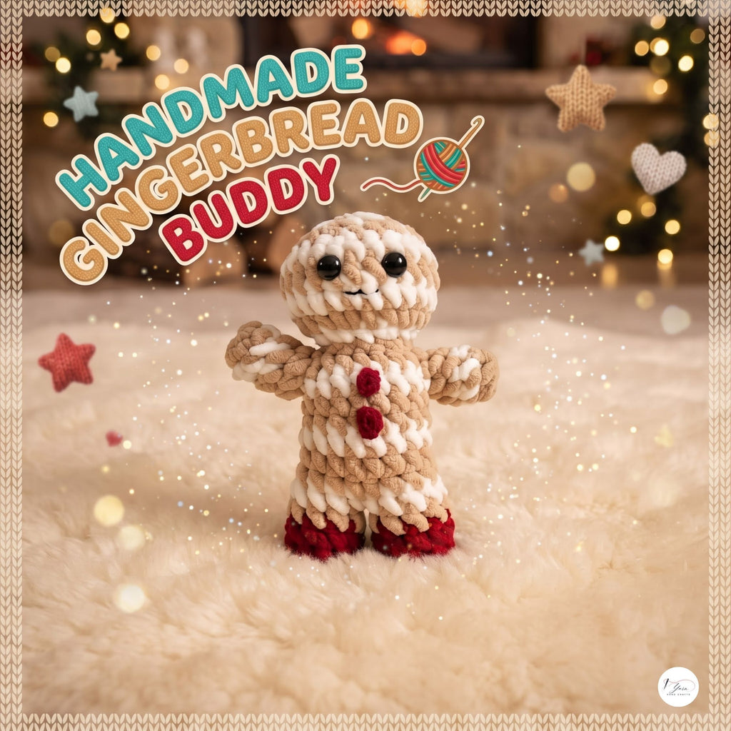 A handmade crocheted gingerbread doll named 'Gingerbread Buddy' stands on a fluffy cream rug with a warm, festive background of blurred Christmas lights and bokeh. The text 'HANDMADE GINGERBREAD BUDDY' is displayed in colorful stylized lettering at the top, and a small circular logo is in the bottom right corner.