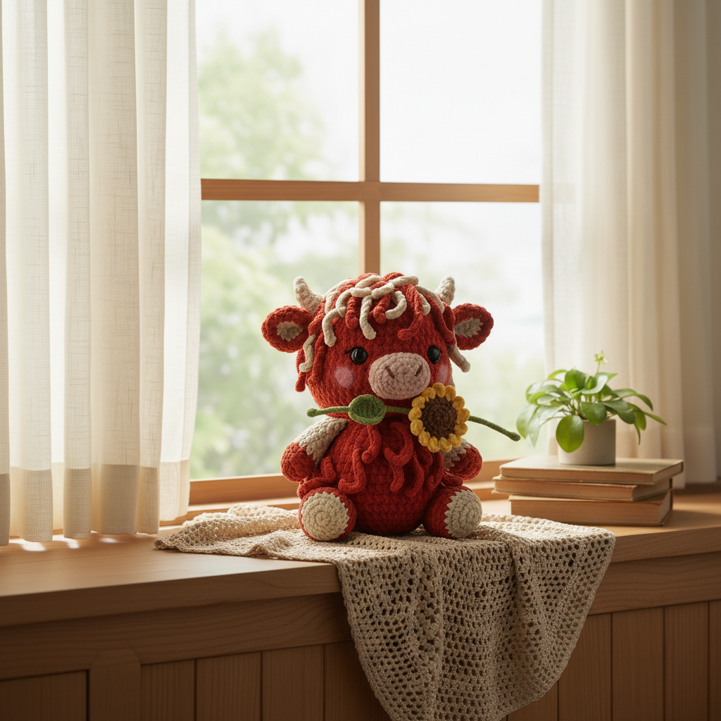 Highland Cow Crochet Pattern PDF, Cute Cow Amigurumi with Sunflower, Beginner Farm Animal Crochet Pattern
