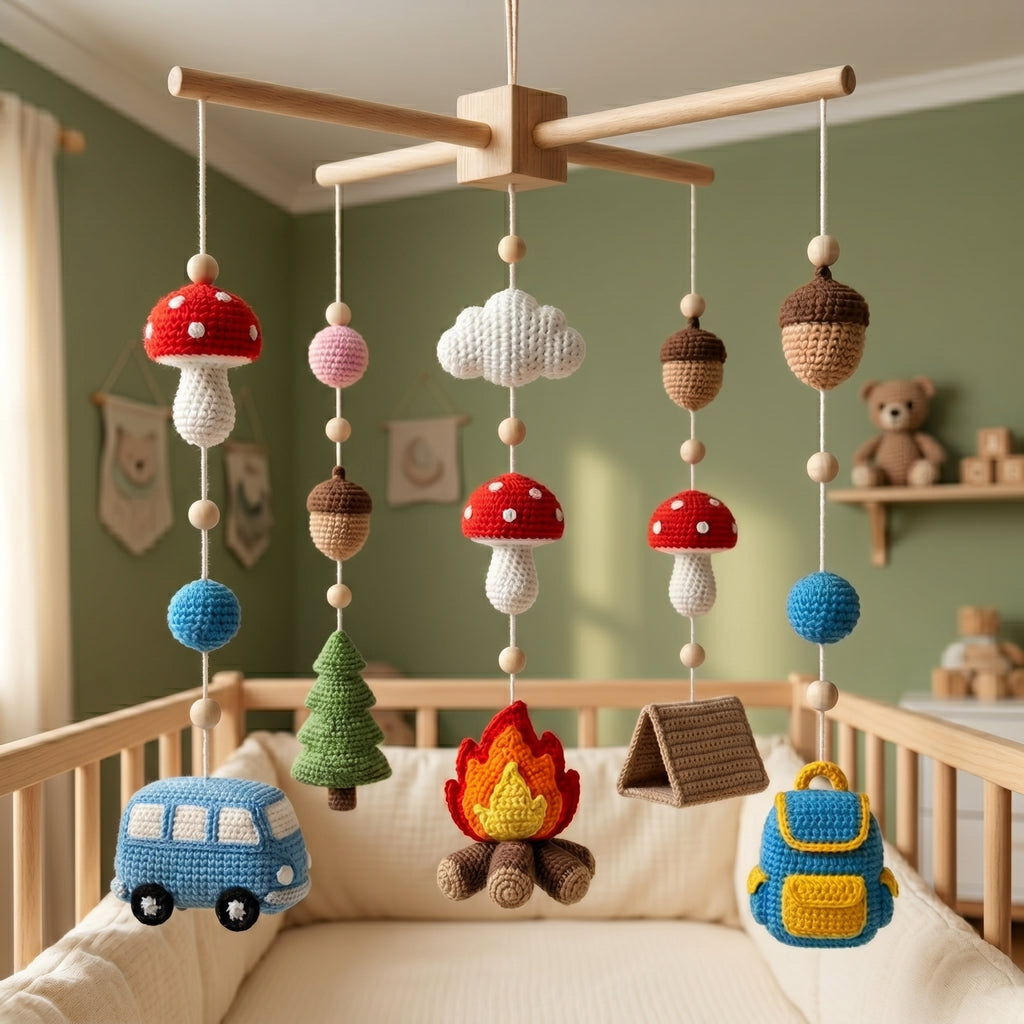 Handmade Crochet Camping Baby Mobile – Woodland Nursery Crib Decor