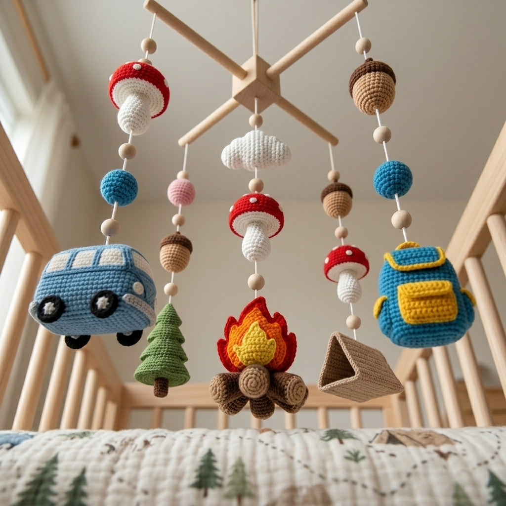 Handmade Crochet Camping Baby Mobile – Woodland Nursery Crib Decor