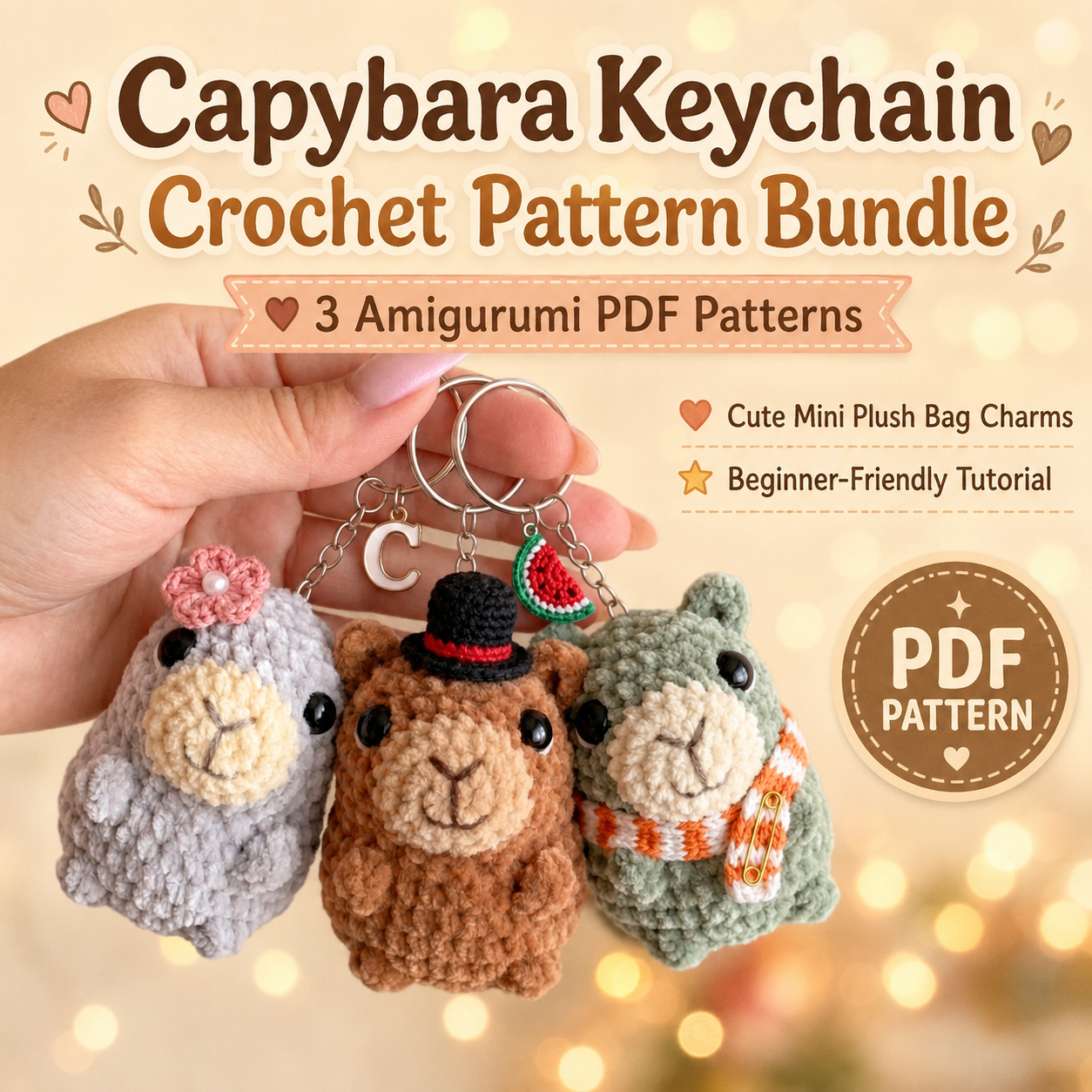 Capybara Keychain Crochet Pattern Bundle – 3 Mini Amigurumi Bag Charm PDF Patterns
