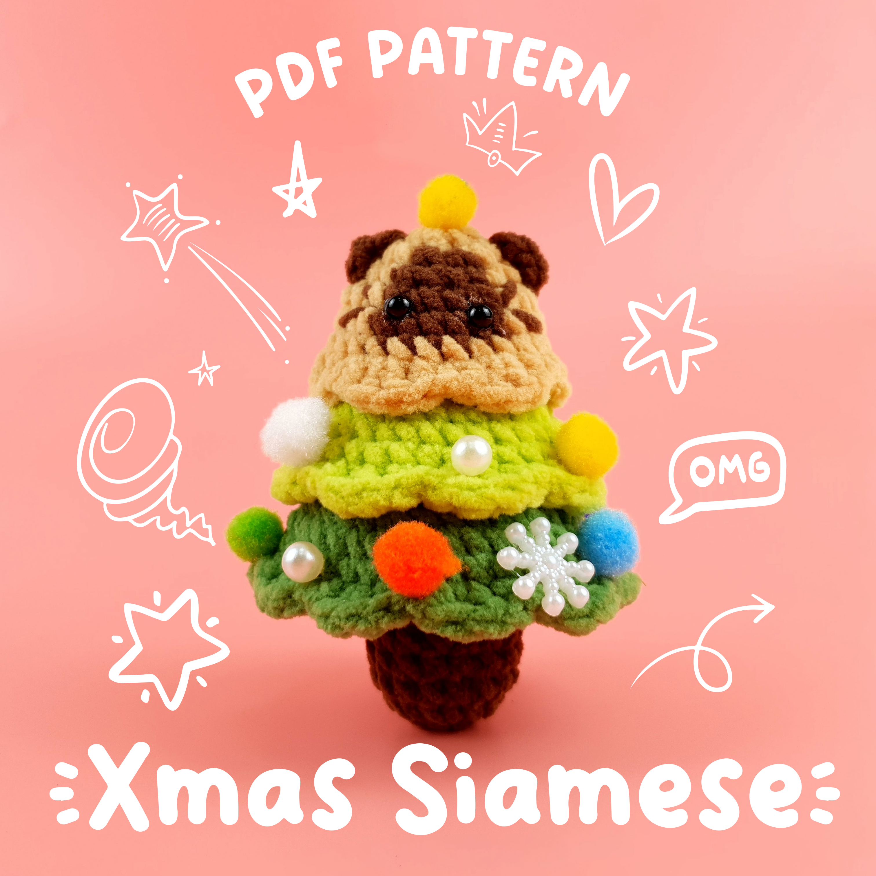 Christmas Siamese Crochet Pattern PDF, Cat Christmas Tree Amigurumi