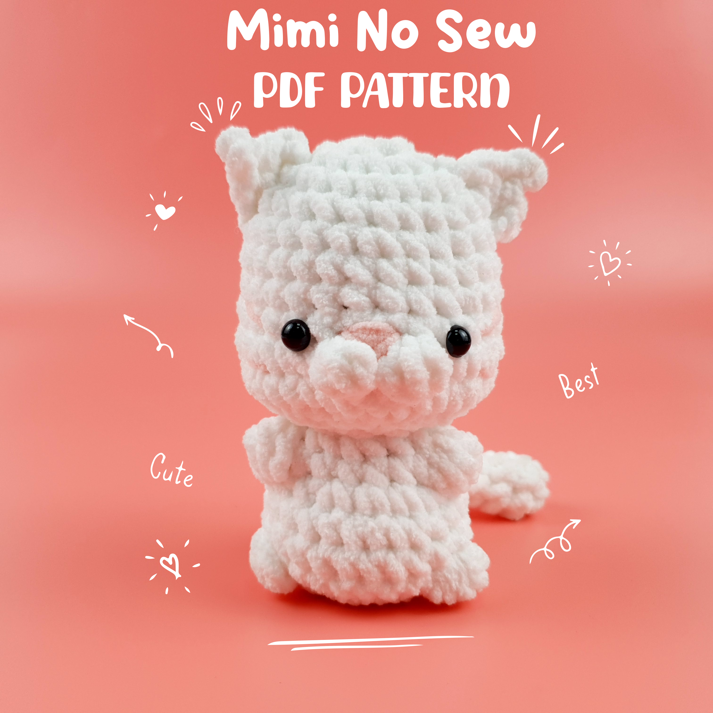 Mimi No Sew Crochet Pattern PDF, White Cat Amigurumi, Easy Plush Kitty Tutorial, Instant Download