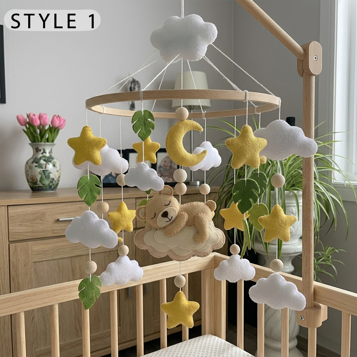 Felt Teddy Bear Baby Mobile, Moon Stars Clouds Leaves Nursery Crib Decor for Baby Boy Girl, Neutral Baby Shower Gift
