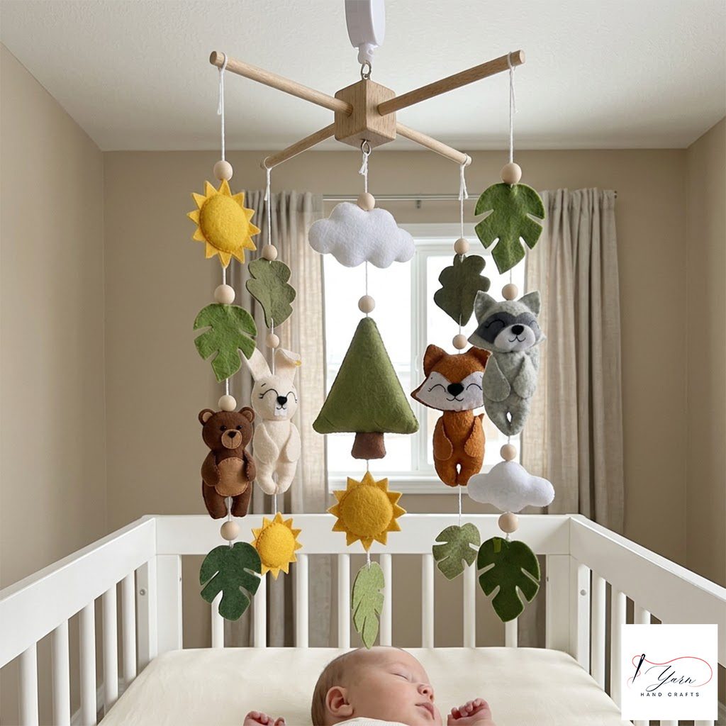 Forest Sunshine Felt Crib Mobile, Handmade Woodland Nursery Hanging with Leaves and Clouds, Nature Baby Gift
