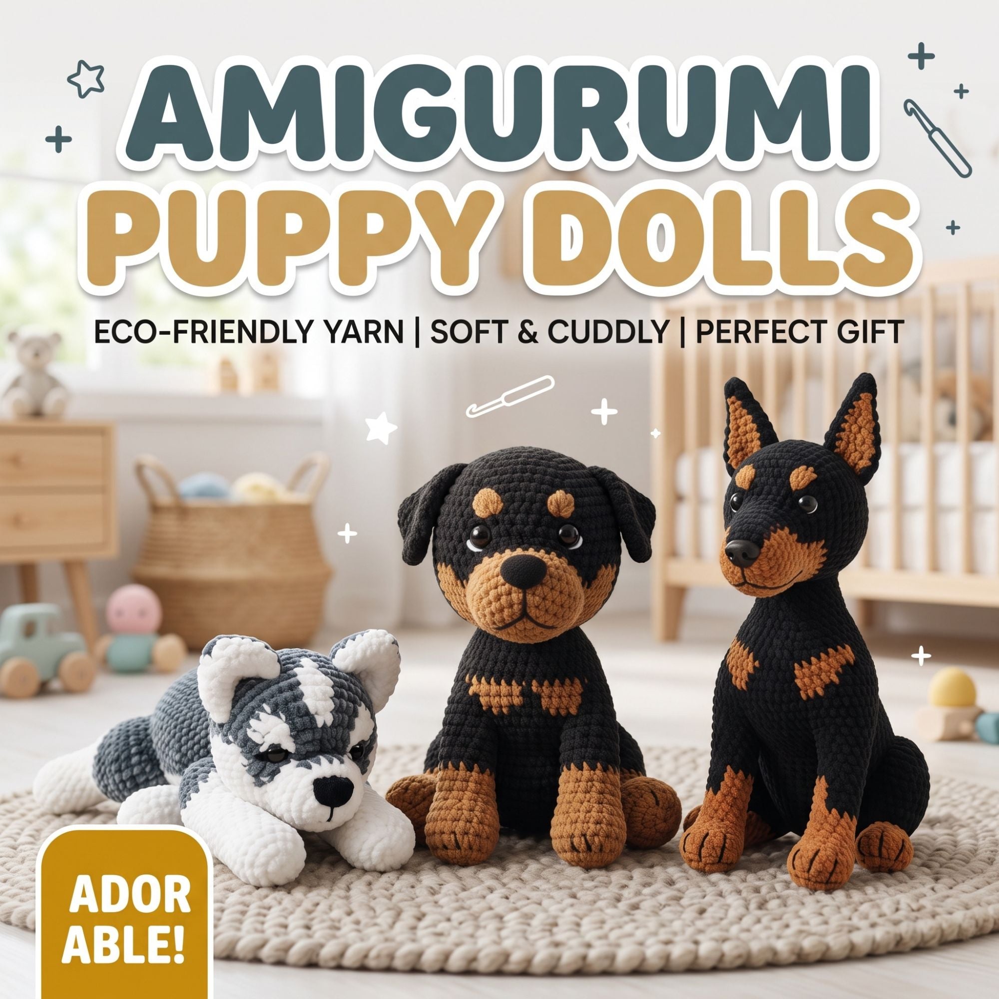 Crochet Puppy Dog Plush Toy, Handmade Amigurumi Dog Doll, Rottweiler Crochet Pattern, Husky Doberman Stuffed Animal, Cute Dog Lover Gift