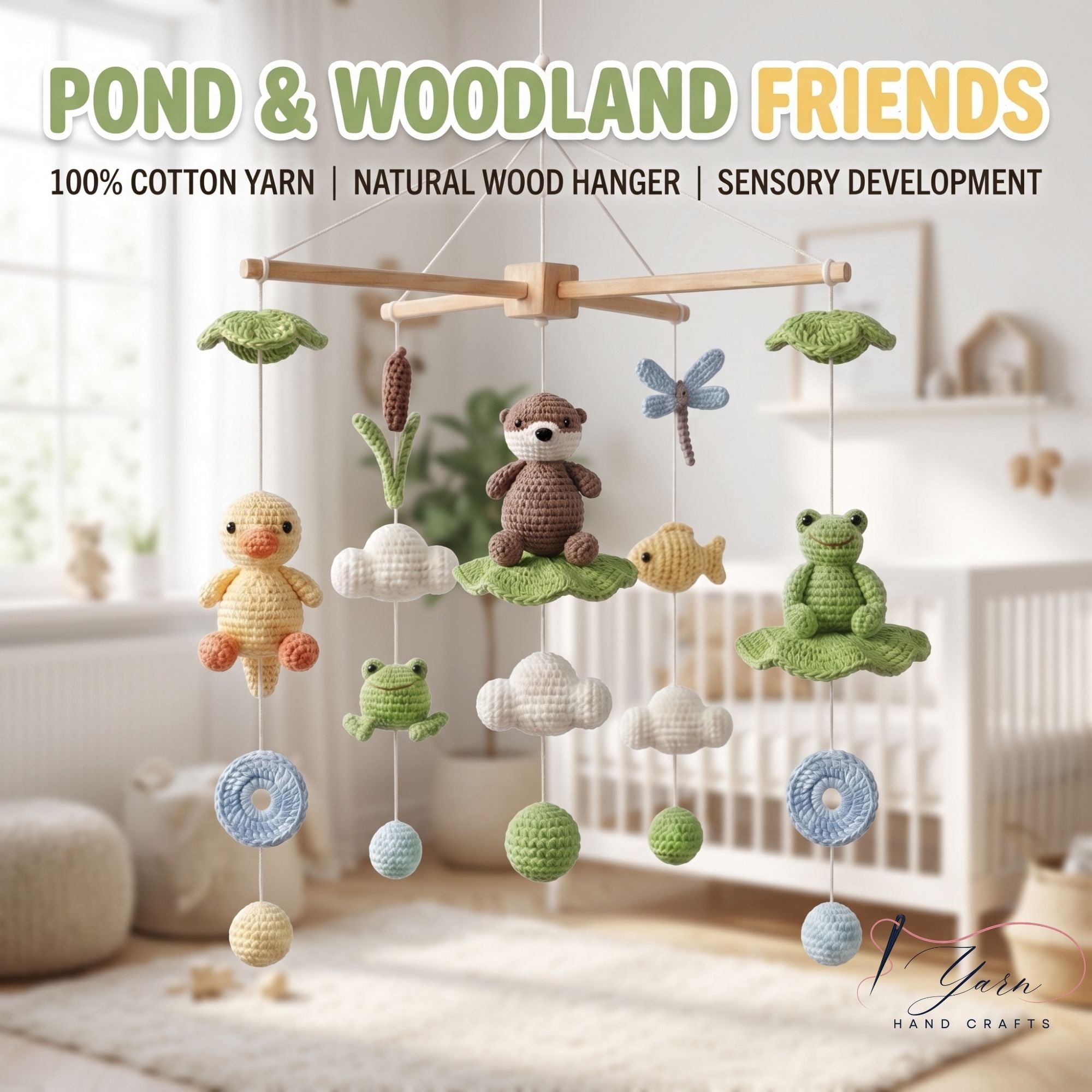 Crochet Pond Baby Mobile, Woodland Frog and Animal Crib Mobile, Handmade Nursery Decor, Forest Theme Baby Shower Gift