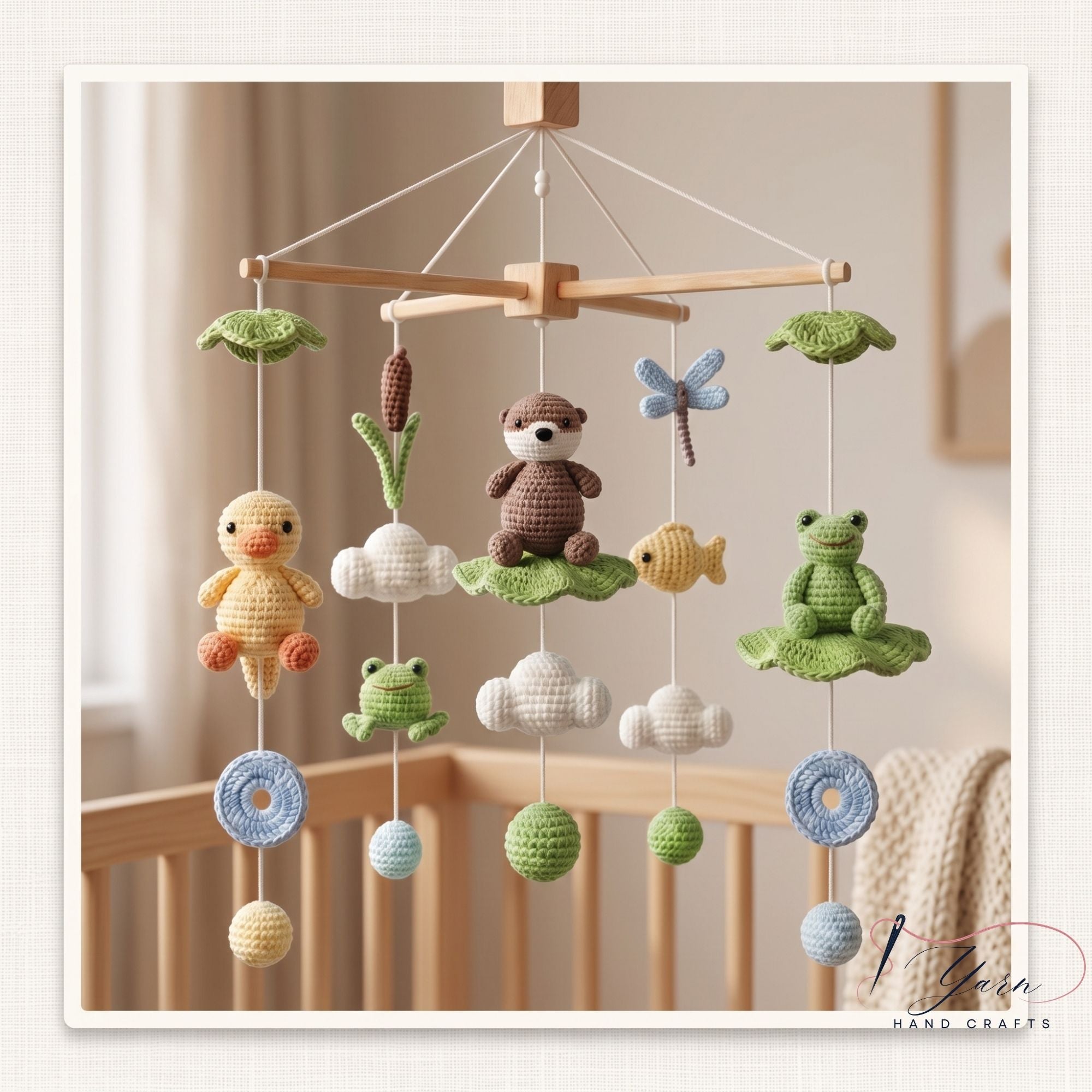 Crochet Pond Baby Mobile, Woodland Frog and Animal Crib Mobile, Handmade Nursery Decor, Forest Theme Baby Shower Gift