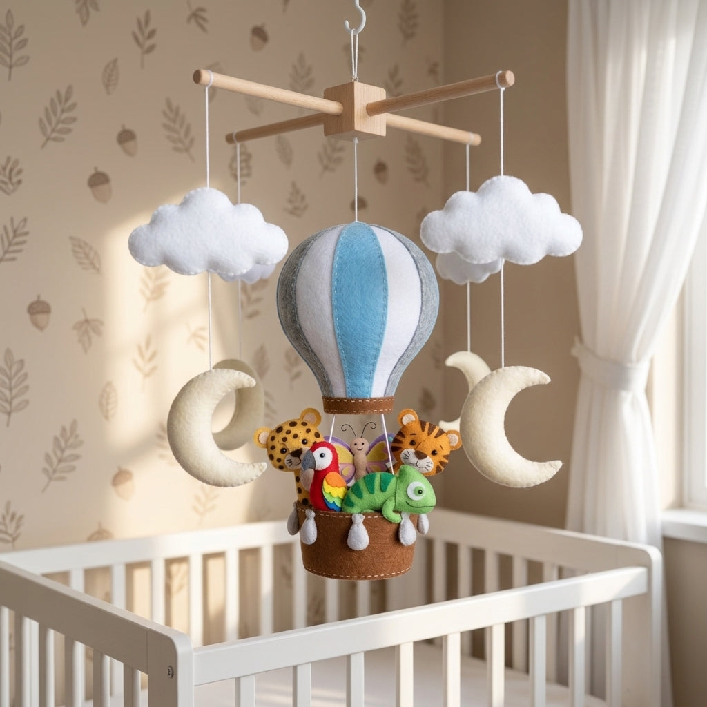 Handmade Felt Safari Hot Air Balloon Baby Mobile – Jungle Animal Nursery Decor