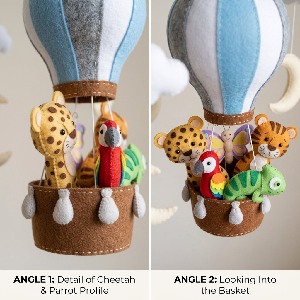 Handmade Felt Safari Hot Air Balloon Baby Mobile – Jungle Animal Nursery Decor
