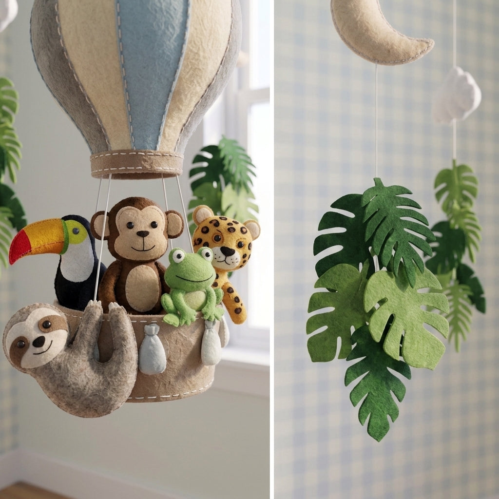 Handmade Felt Jungle Hot Air Balloon Baby Mobile – Tropical Animal Nursery Decor