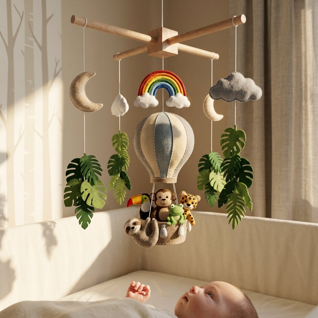 Handmade Felt Jungle Hot Air Balloon Baby Mobile – Tropical Animal Nursery Decor