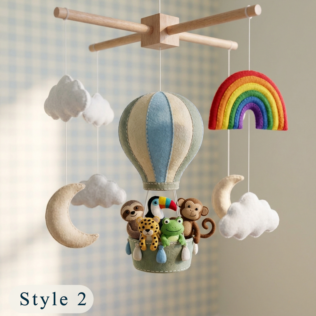 Handmade Felt Jungle Hot Air Balloon Baby Mobile – Tropical Animal Nursery Decor