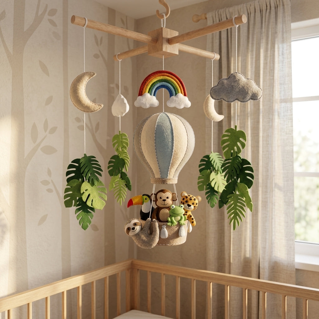 Felt jungle hot air balloon baby mobile with monkey, toucan, sloth, frog, leopard, rainbow and tropical leaves