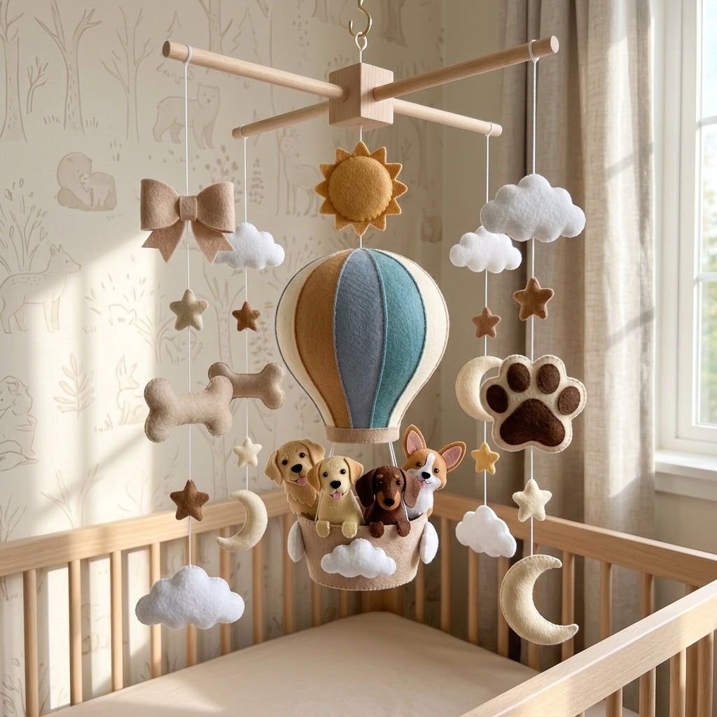 Handmade Felt Dog Hot Air Balloon Baby Mobile – Puppy Nursery Crib Decor