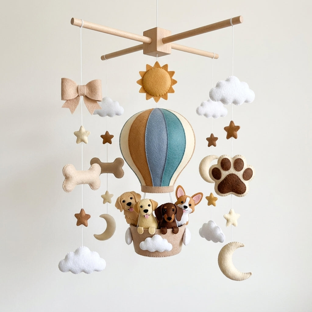 Handmade Felt Dog Hot Air Balloon Baby Mobile – Puppy Nursery Crib Decor