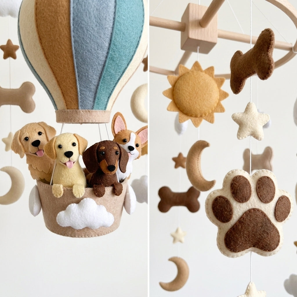 Handmade Felt Dog Hot Air Balloon Baby Mobile – Puppy Nursery Crib Decor